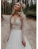 Sheer Long Sleeve Ivory Lace Tulle Boho Wedding Dress